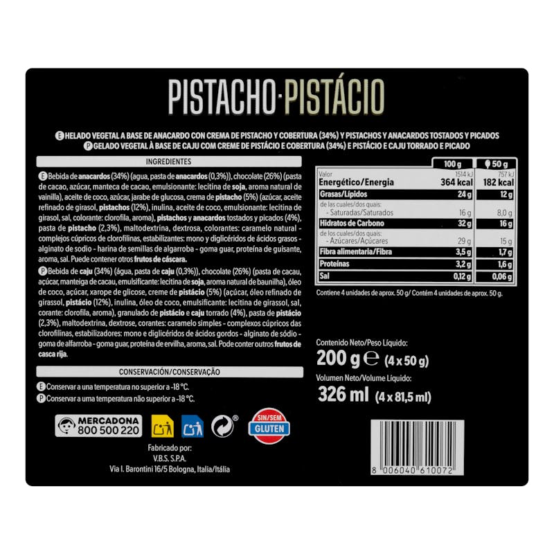 Mini helado bombón vegetal pistacho Hacendado a base de anacardos — otra vista del envase