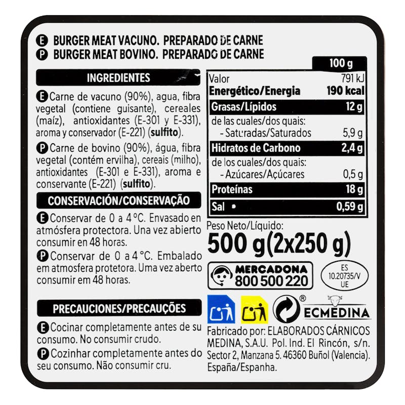 Preparado de carne picada vacuno — otra vista del envase