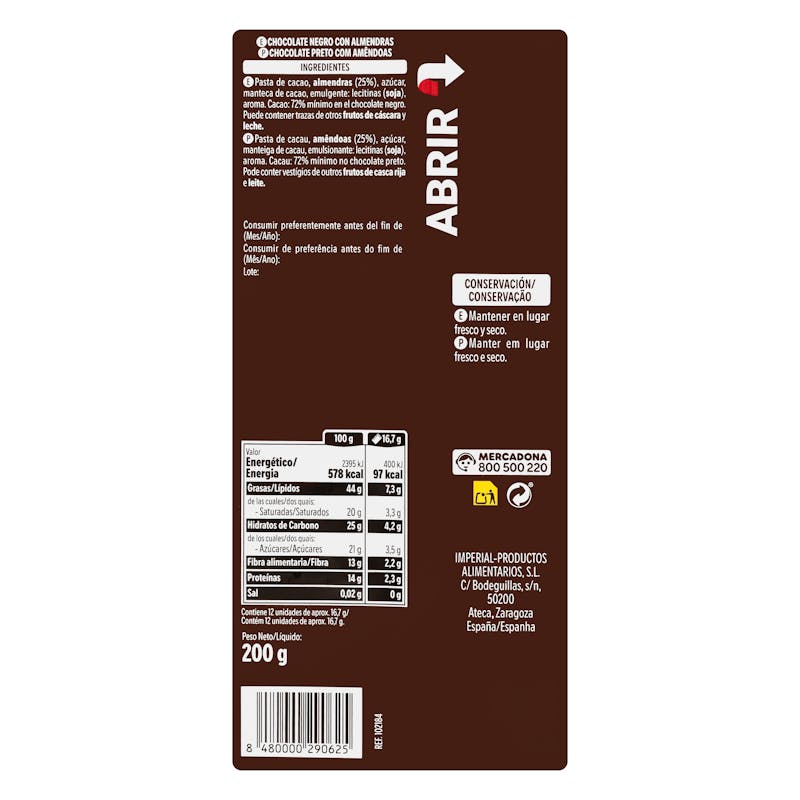 Chocolate negro 72% de cacao Hacendado con almendras enteras — otra vista del envase