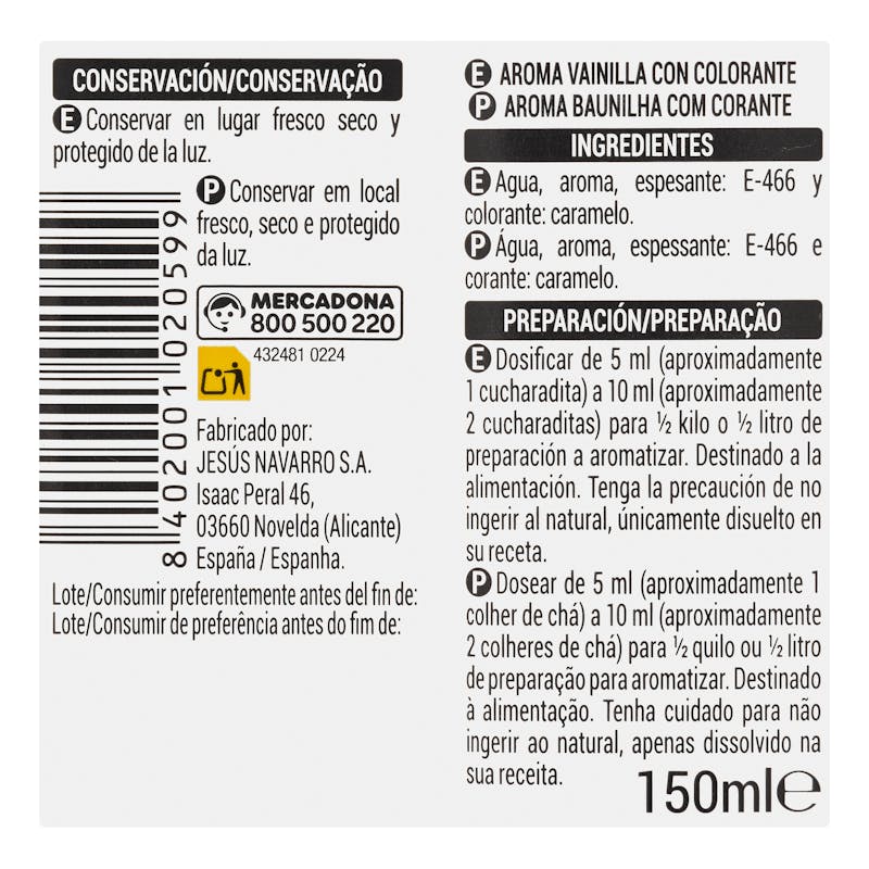 Aroma de vainilla Hacendado — otra vista del envase