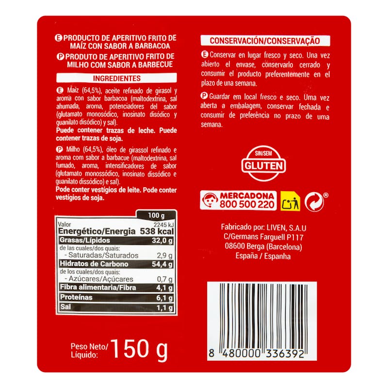 Tiras de maíz frito sabor barbacoa Hacendado — otra vista del envase