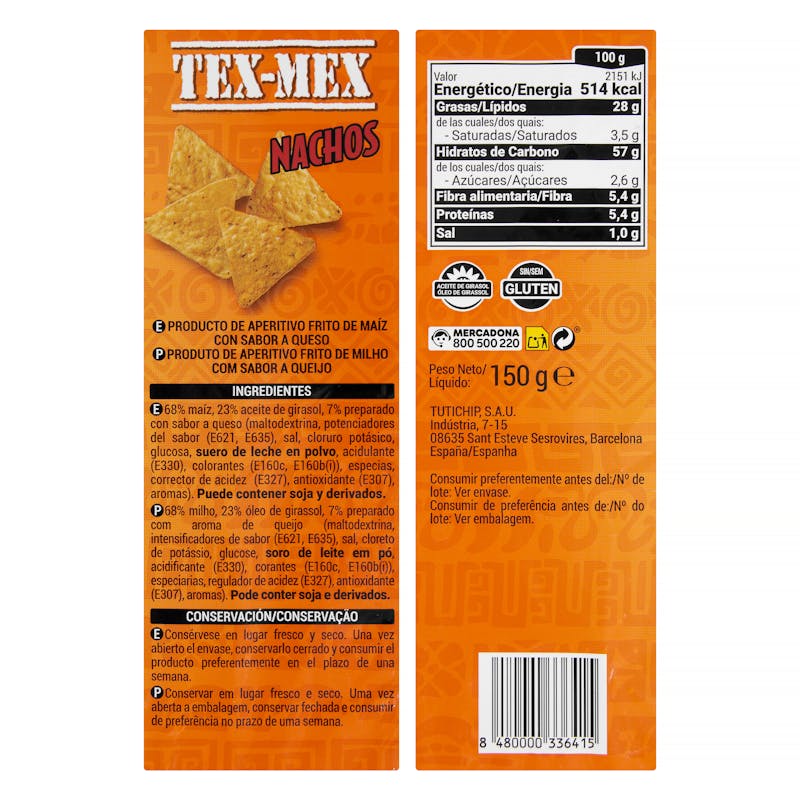 Nachos tex-mex sabor queso Hacendado — otra vista del envase