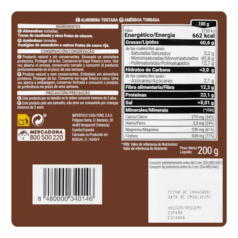 Almendra tostada Hacendado 0% sal añadida con piel — otra vista del envase