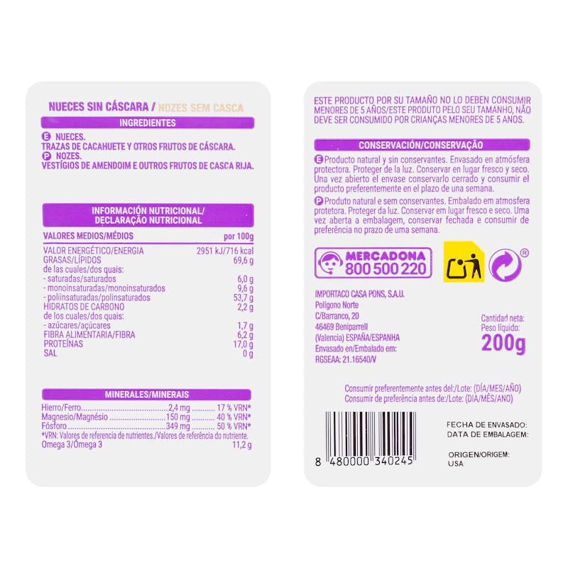 Nuez natural Hacendado pelada — otra vista del envase