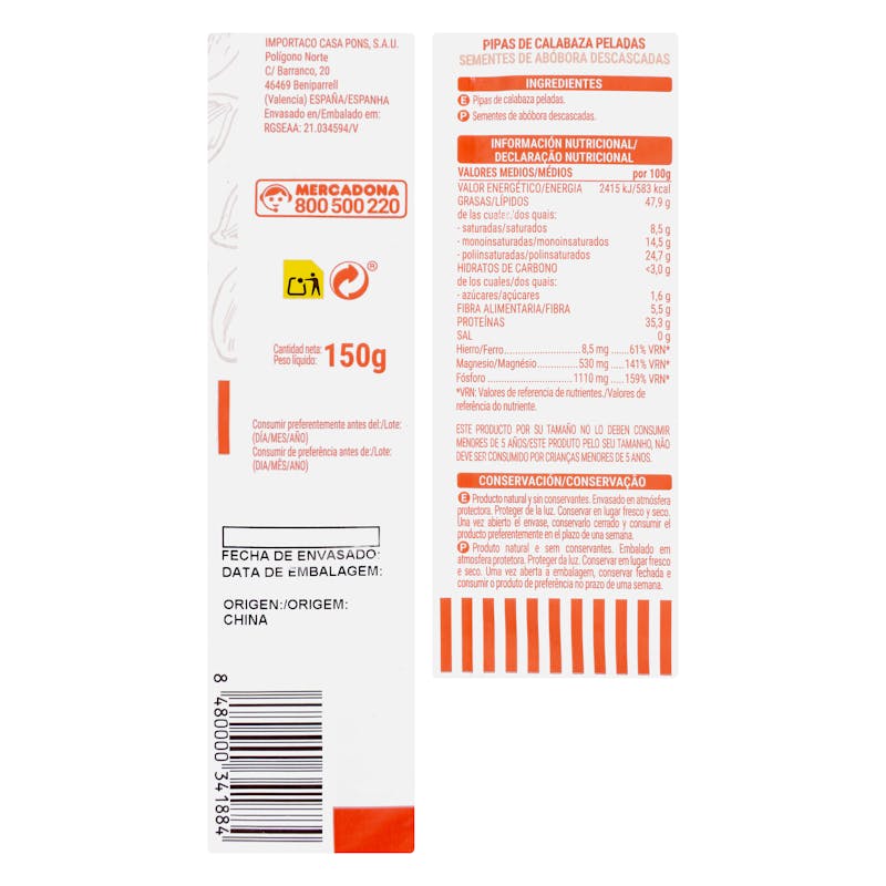 Pipas de calabaza natural Hacendado peladas — otra vista del envase