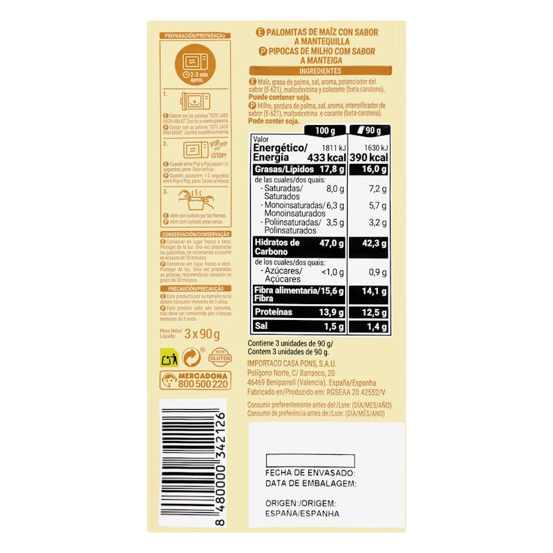 Palomitas de maíz sabor mantequilla Hacendado para microondas — otra vista del envase