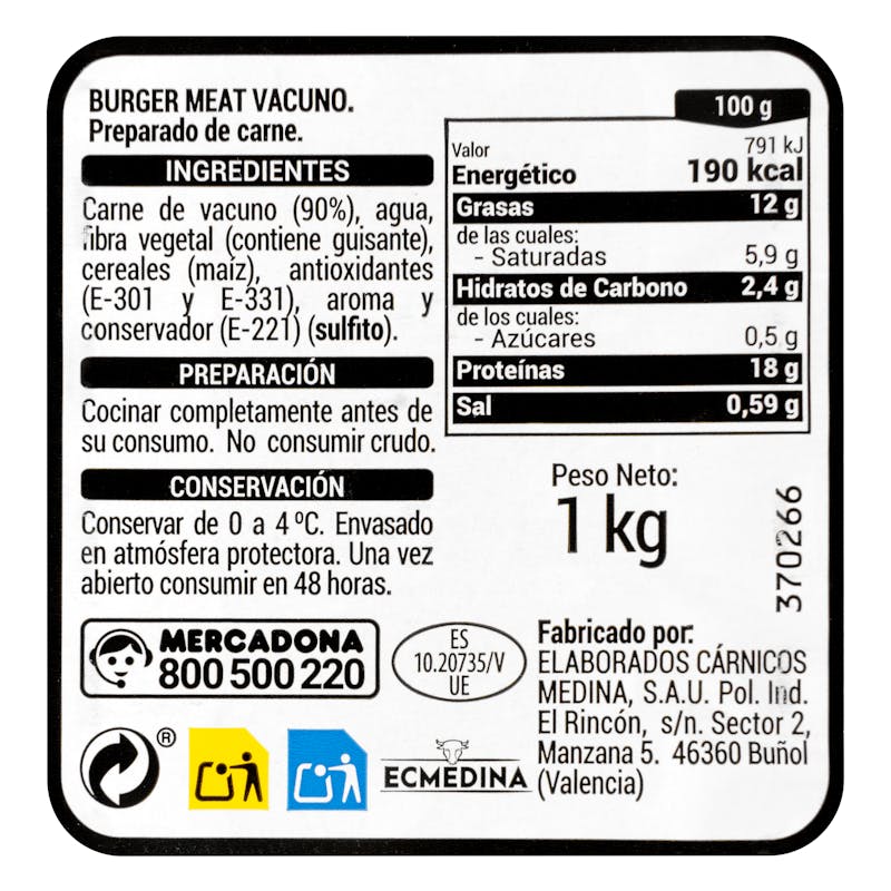 Preparado de carne picada vacuno — otra vista del envase