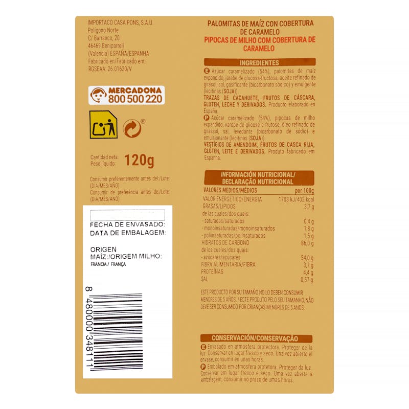 Palomitas caramelo Hacendado — otra vista del envase