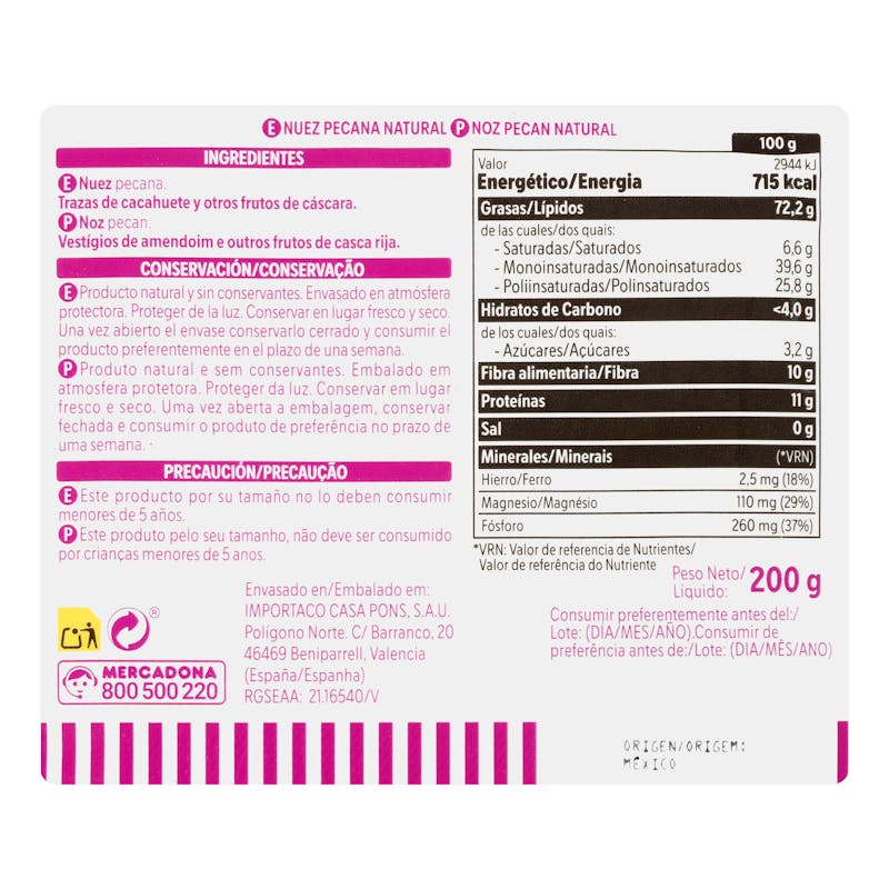 Nuez Pecana natural Hacendado pelada — otra vista del envase