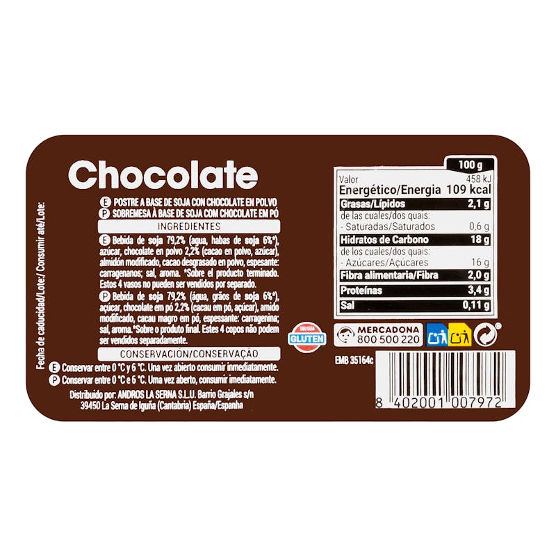 Postre de soja sabor chocolate Hacendado — otra vista del envase