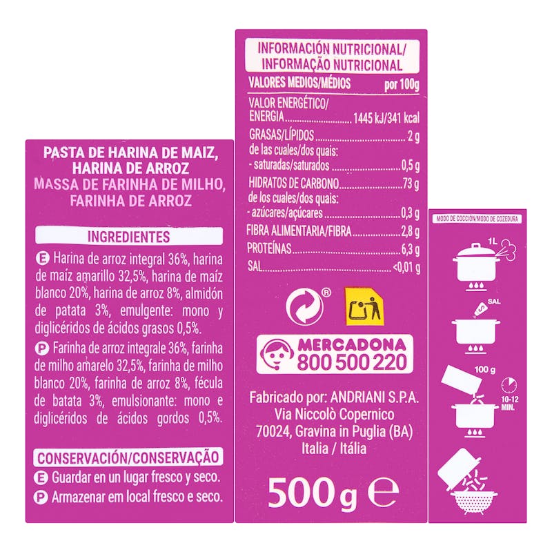 Pasta fusilli sin gluten Felicia — otra vista del envase