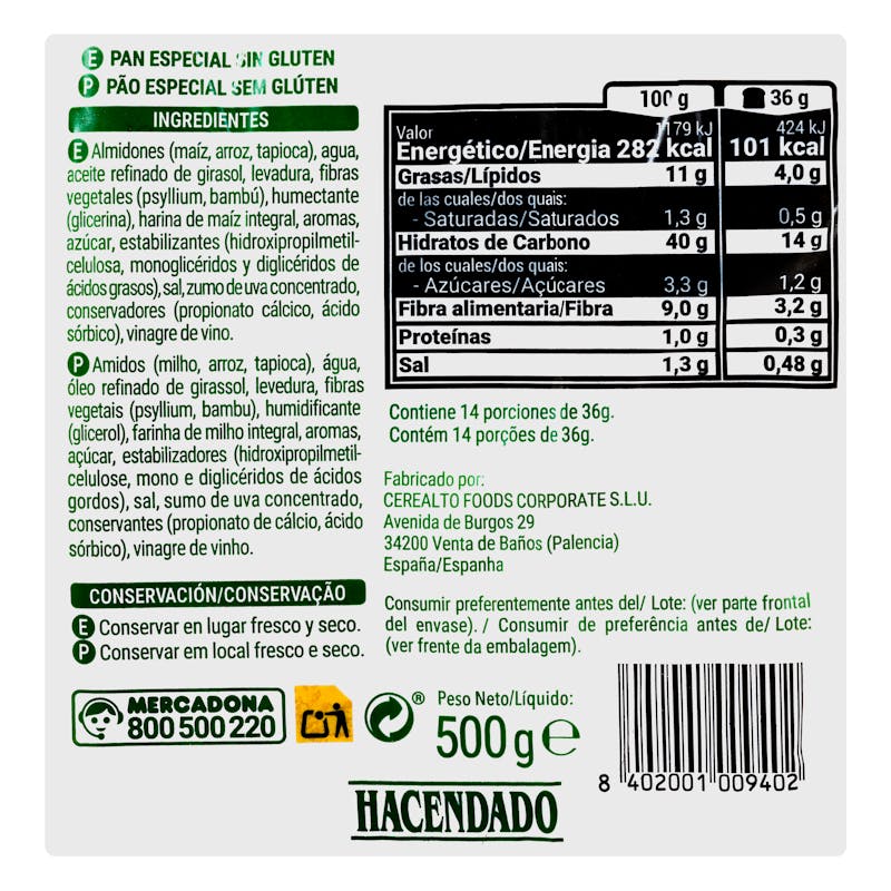 Pan de molde sin gluten blanco Hacendado — otra vista del envase
