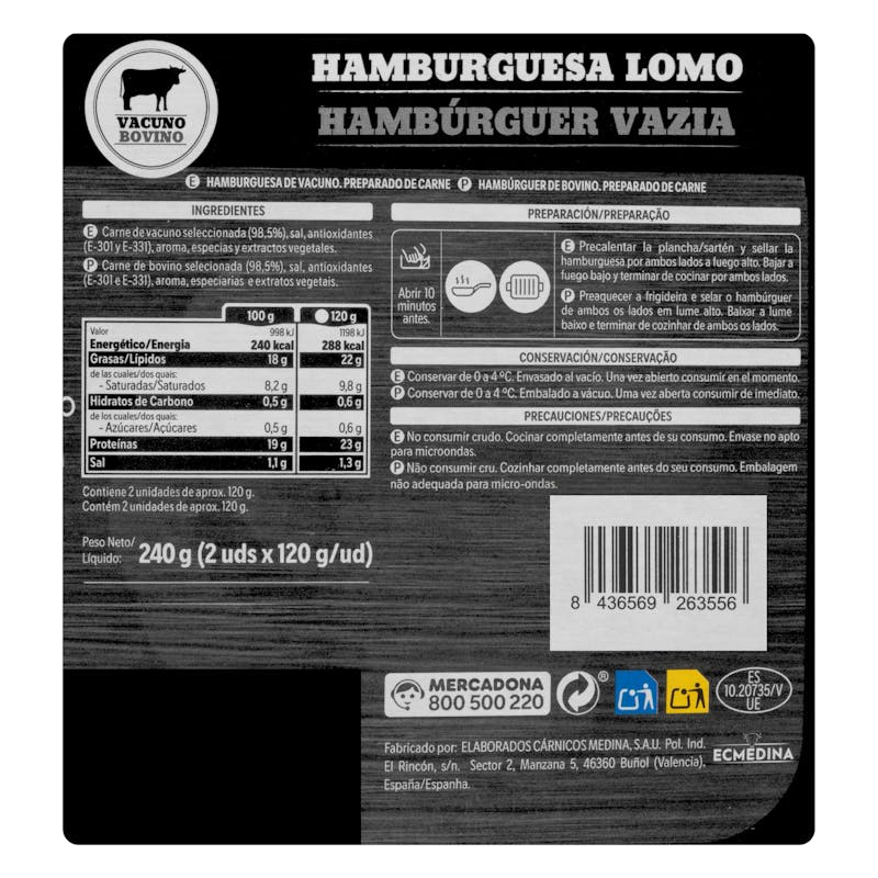 Burger de lomo de vacuno — otra vista del envase