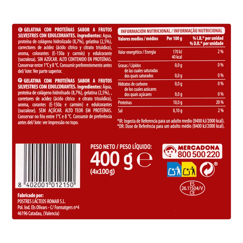 Gelatina sabor a frutos silvestres +Proteínas 10 g 0% azúcar Hacendado — otra vista del envase