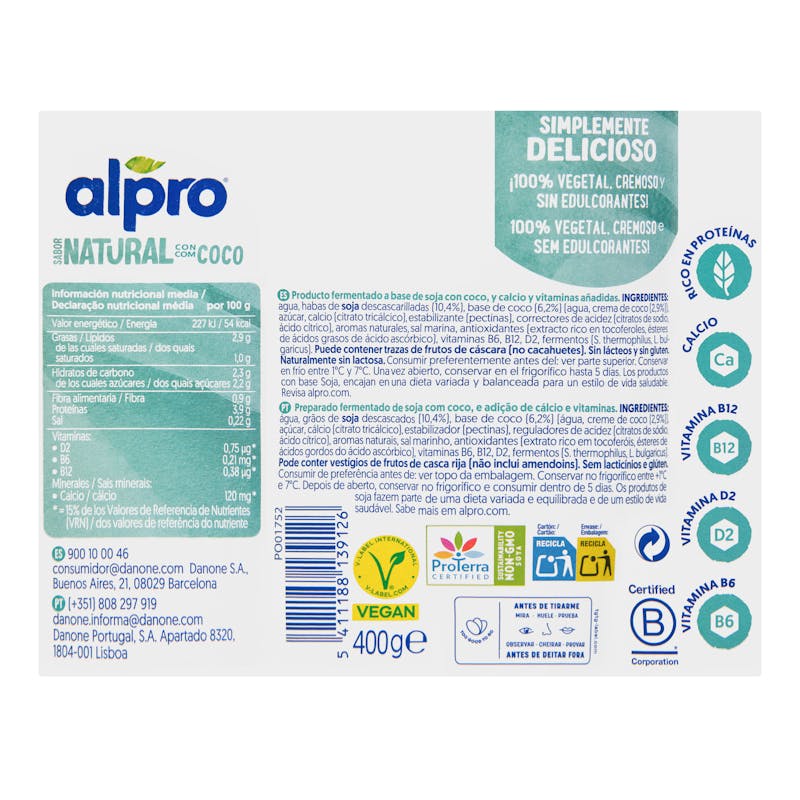 Postre de soja sabor natural con coco Alpro — otra vista del envase
