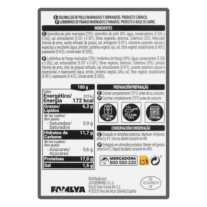 Filetes solomillos de pollo marinados empanados sin gluten — otra vista del envase