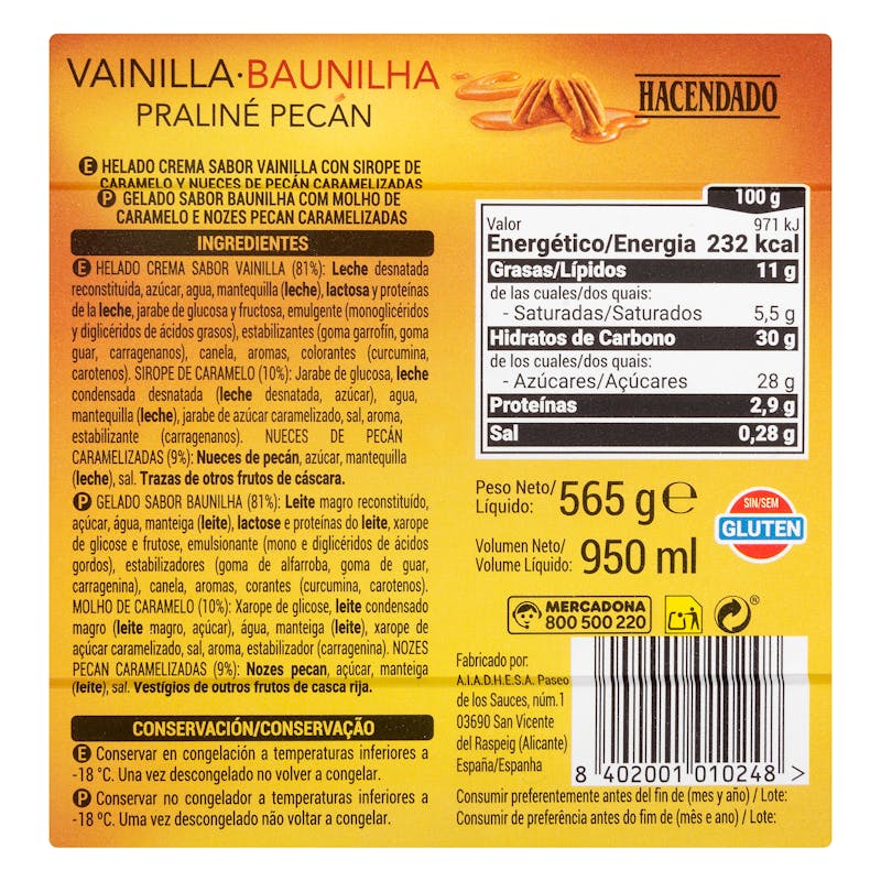 Helado sabor vainilla praliné con nueces pecán Hacendado y sirope de caramelo — otra vista del envase