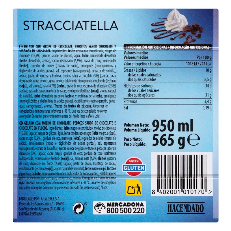 Helado stracciatella Hacendado con sirope de chocolate — otra vista del envase