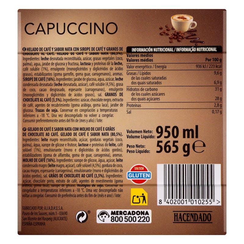 Helado capuccino Hacendado con sirope de café — otra vista del envase