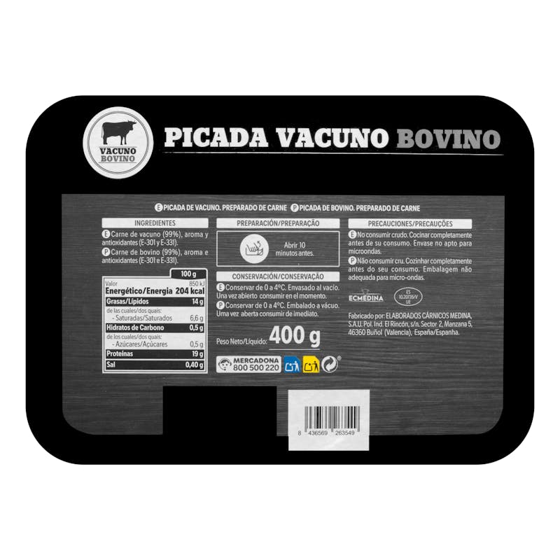 Preparado de carne picada vacuno Hacendado — otra vista del envase