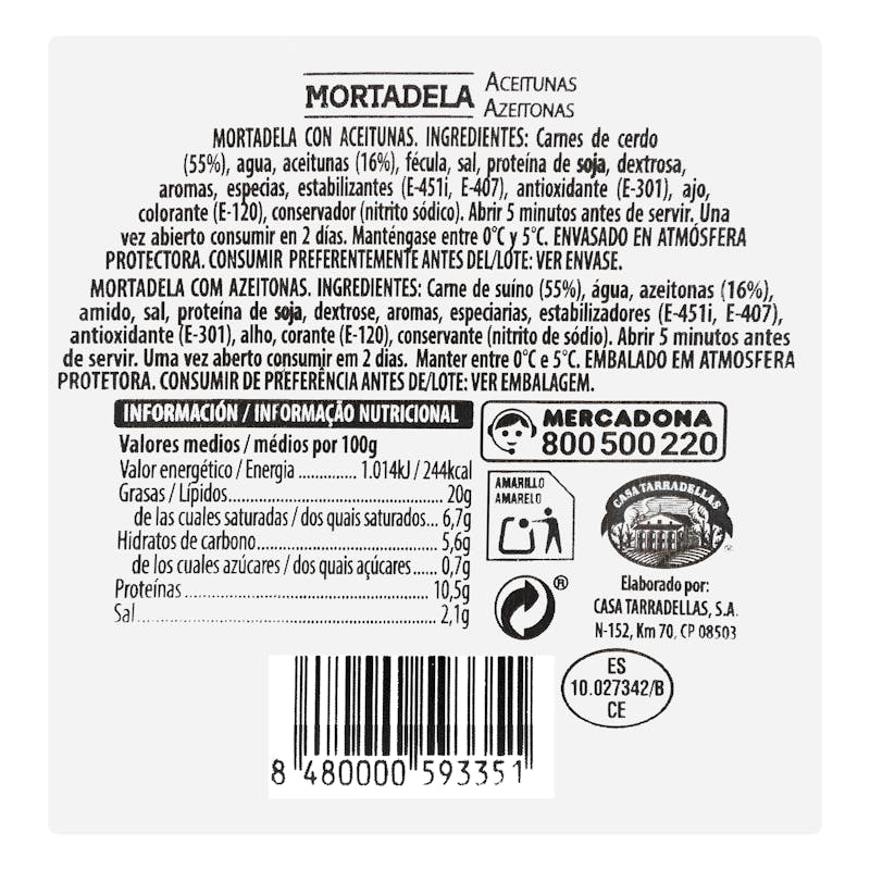 Mortadela con aceitunas Hacendado lonchas — otra vista del envase
