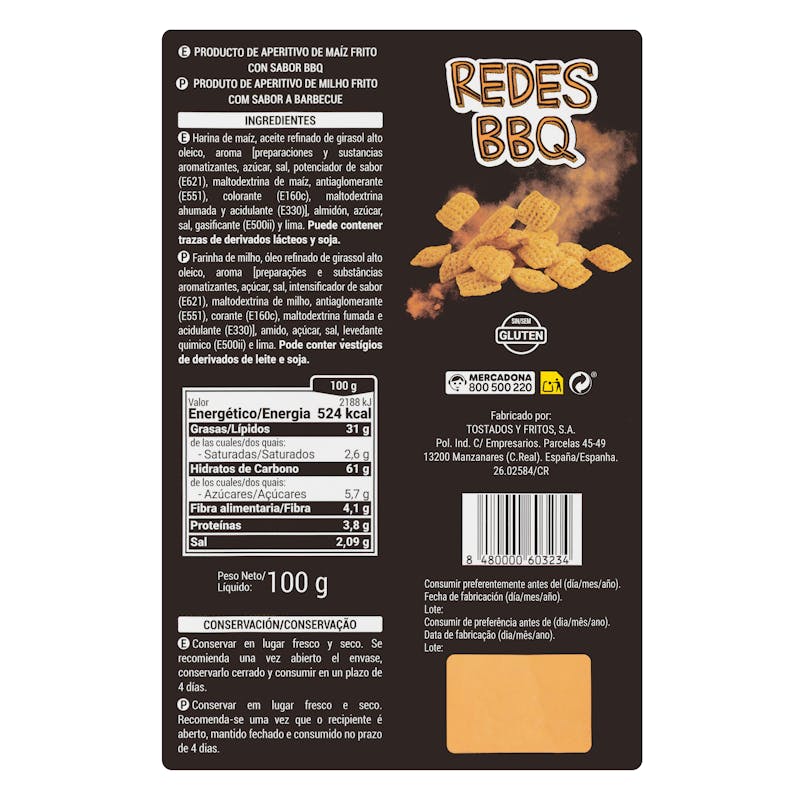 Snack de maíz Redes sabor barbacoa Hacendado — otra vista del envase