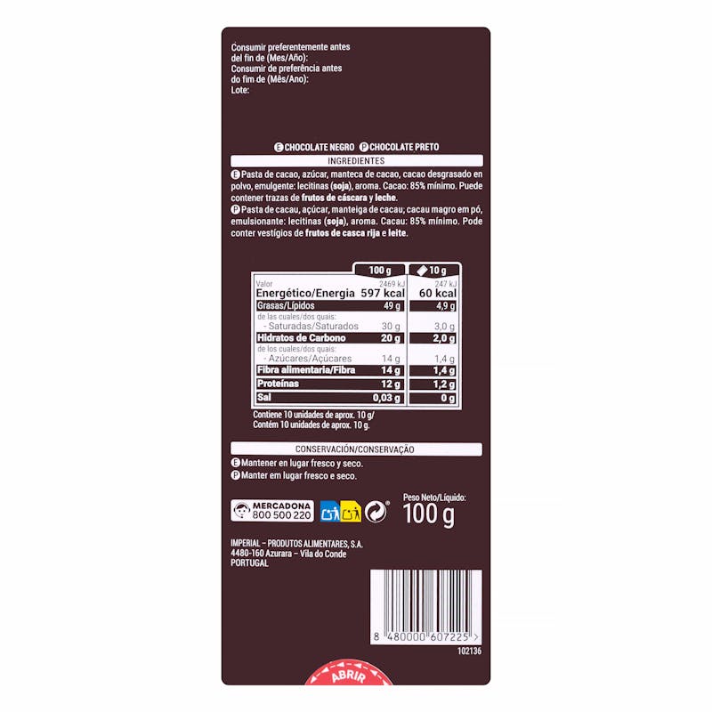 Chocolate negro 85% cacao Hacendado — otra vista del envase