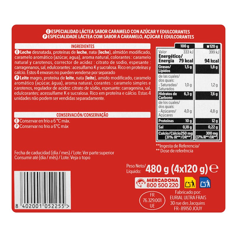 Pudding sabor caramelo +Proteínas 12 g Hacendado — otra vista del envase