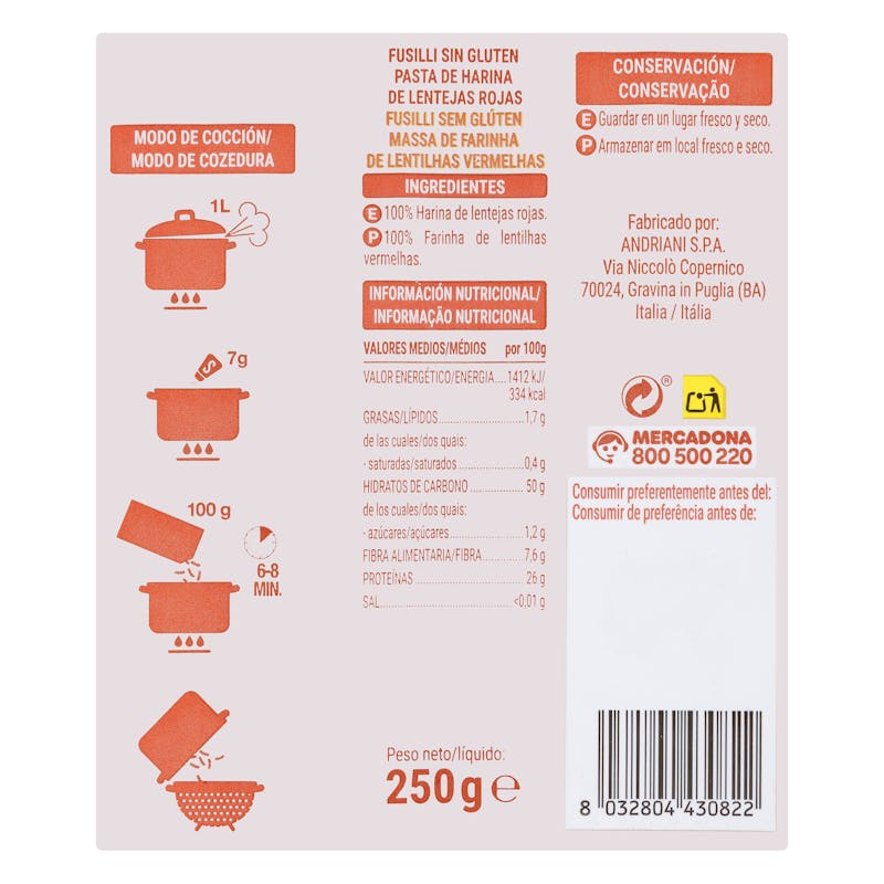 Pasta fusilli 100% lentejas rojas Felicia — otra vista del envase