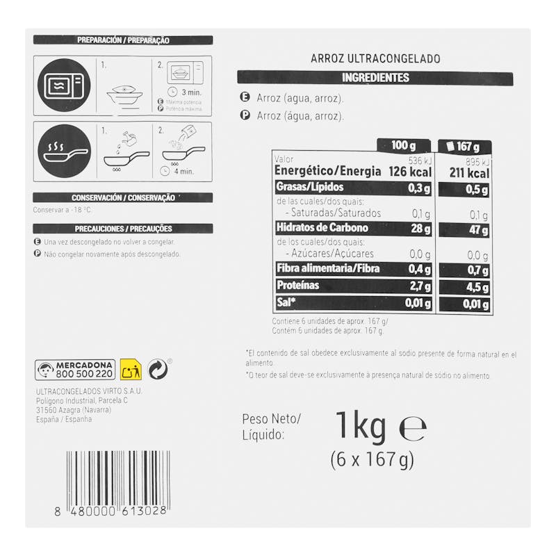 Arroz para microondas Hacendado ultracongelado — otra vista del envase