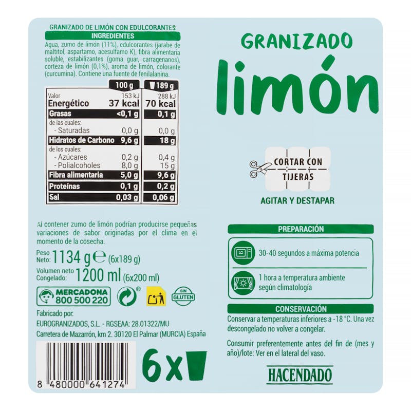 Granizado de limón Hacendado sin azúcares añadidos — otra vista del envase