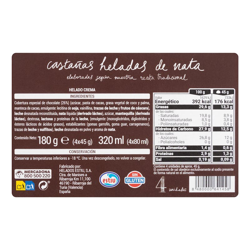 Castañas heladas de nata Hacendado — otra vista del envase
