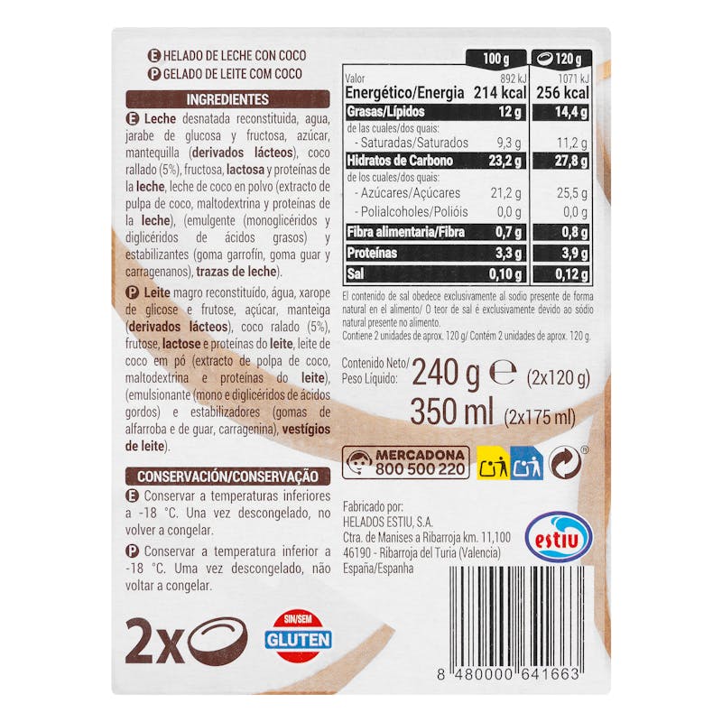 Medios cocos helados Hacendado — otra vista del envase