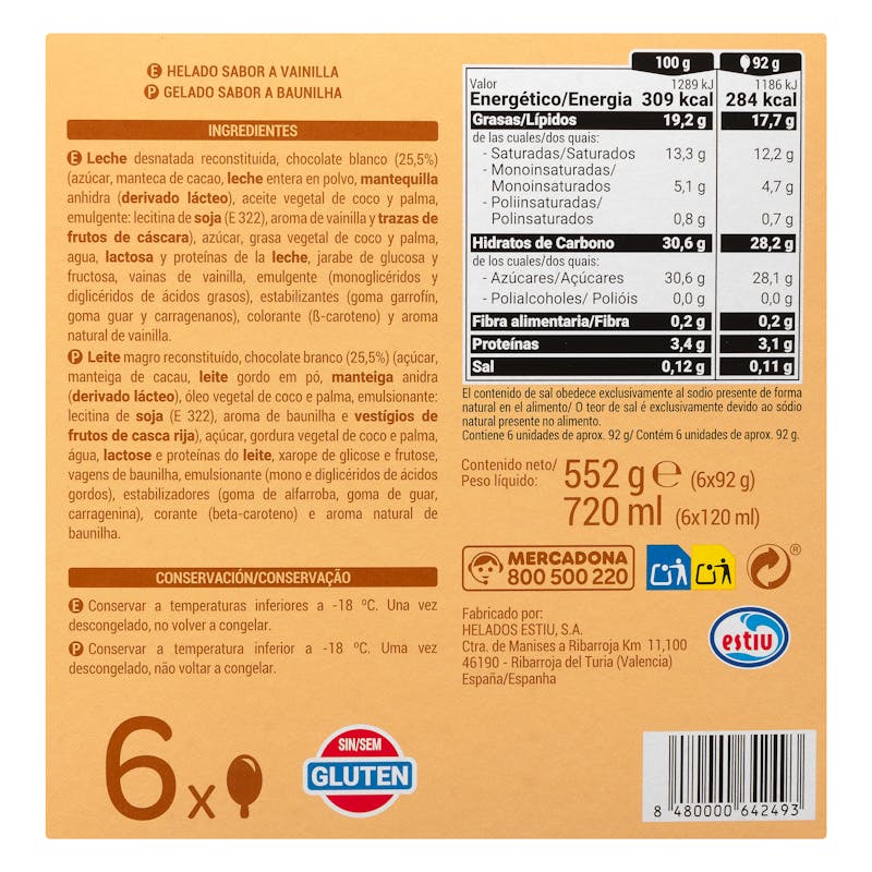 Helado bombón blanco Hacendado sabor vainilla — otra vista del envase