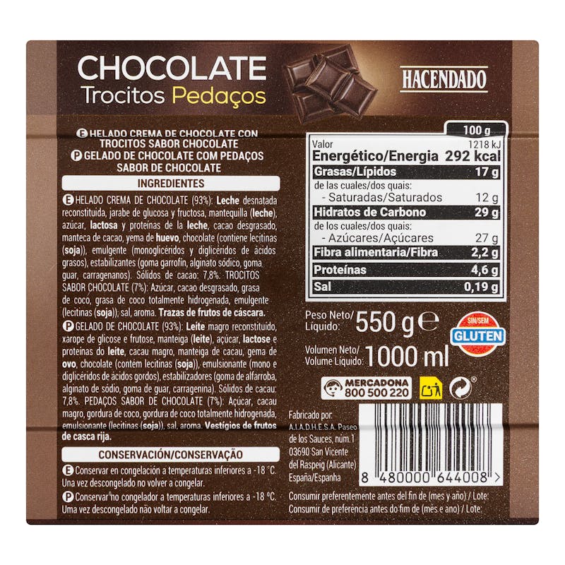 Helado de chocolate Hacendado con trocitos sabor chocolate — otra vista del envase
