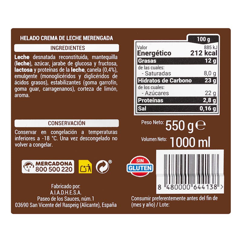 Helado de leche merengada Hacendado — otra vista del envase
