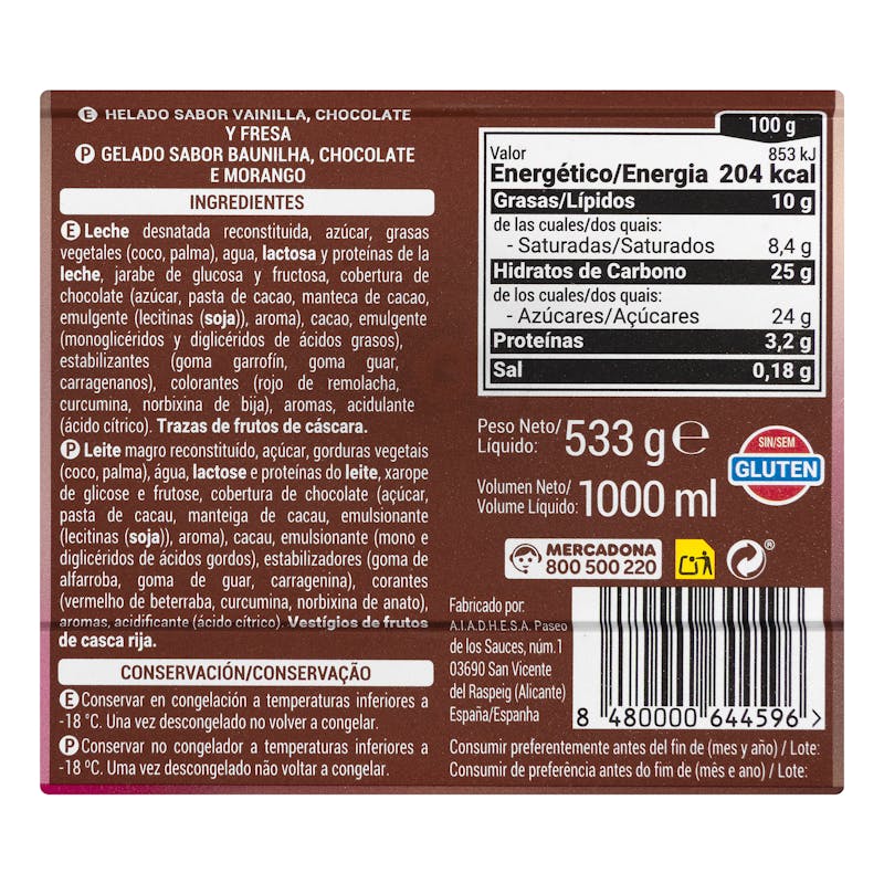 Helado 3 sabores Hacendado vainilla, chocolate y fresa — otra vista del envase