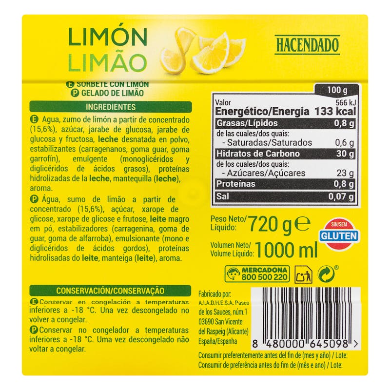 Helado sorbete con limón Hacendado — otra vista del envase