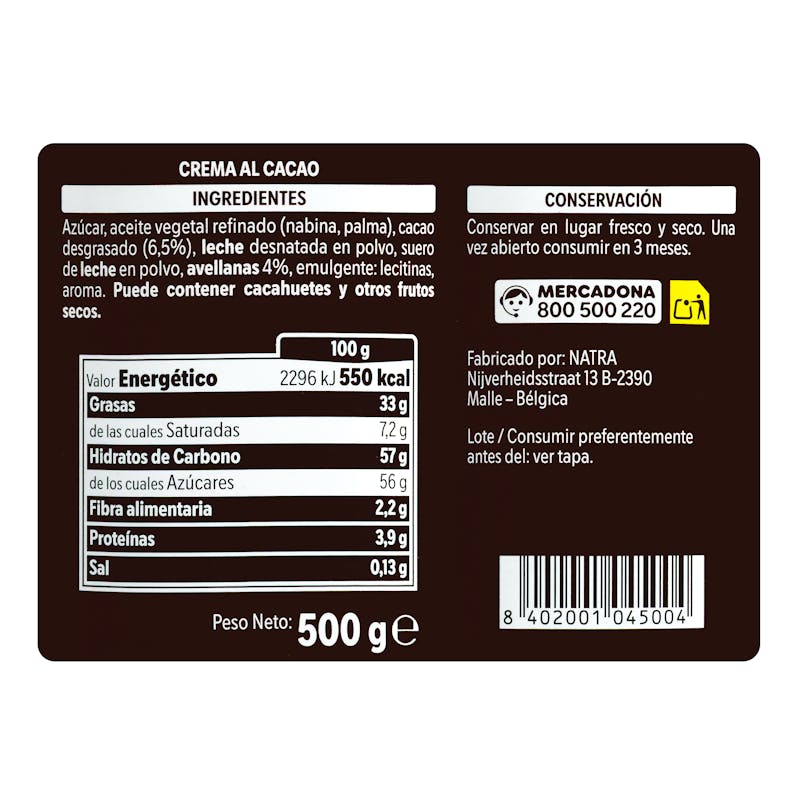 Crema al cacao con avellanas Hacendado — otra vista del envase