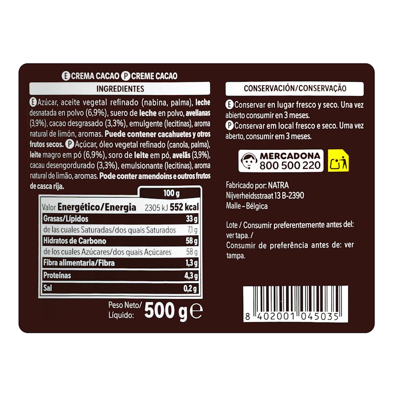 Crema al cacao con avellanas Hacendado de 2 sabores — otra vista del envase
