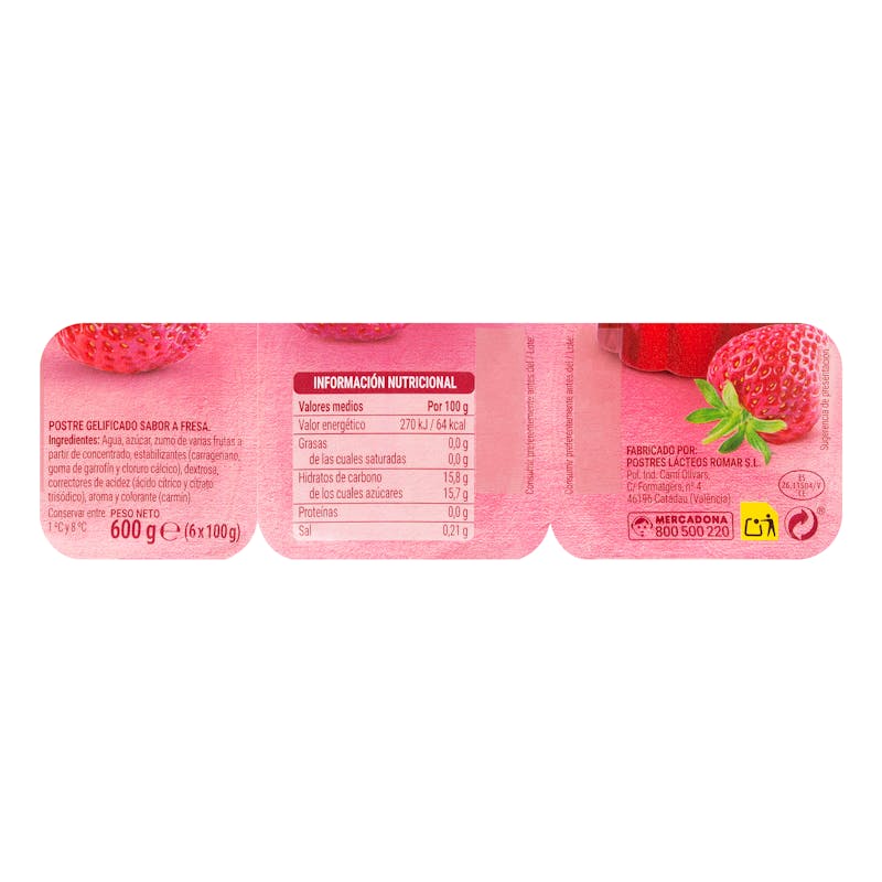 Gelatina sabor fresa Hacendado — otra vista del envase