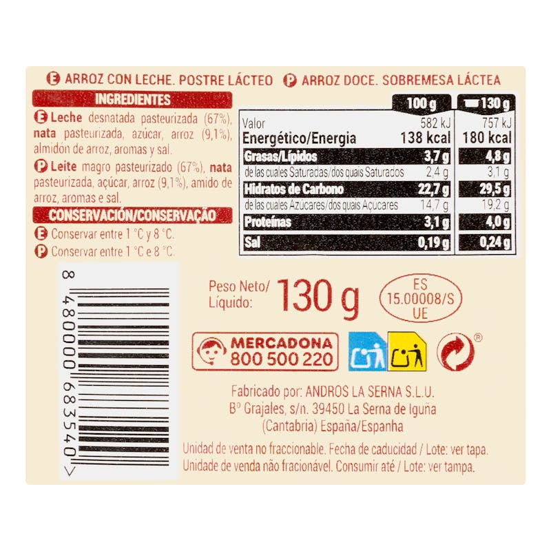 Arroz con leche Hacendado — otra vista del envase