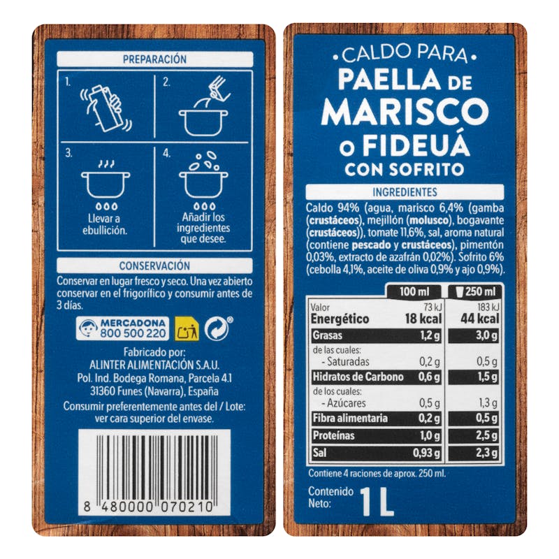 Caldo de marisco o fideuá para paella Hacendado con sofrito — otra vista del envase