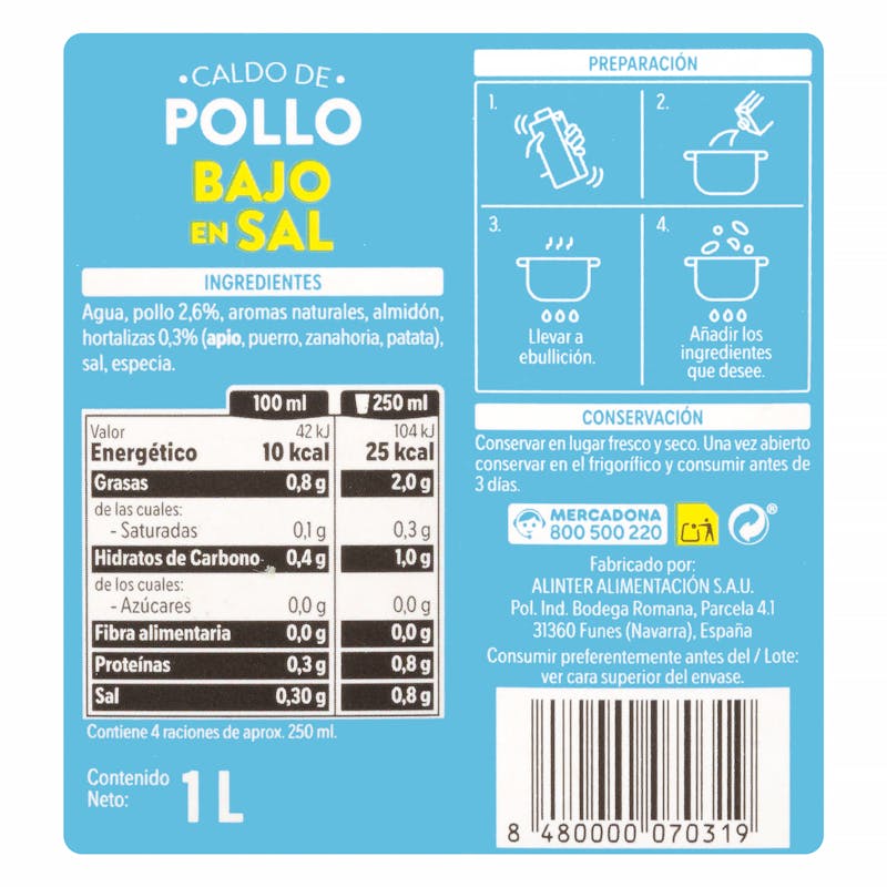 Caldo de pollo Hacendado bajo en sal — otra vista del envase