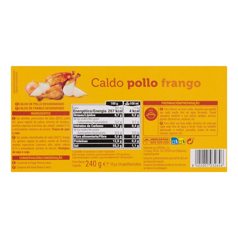 Caldo de pollo Hacendado en pastillas — otra vista del envase