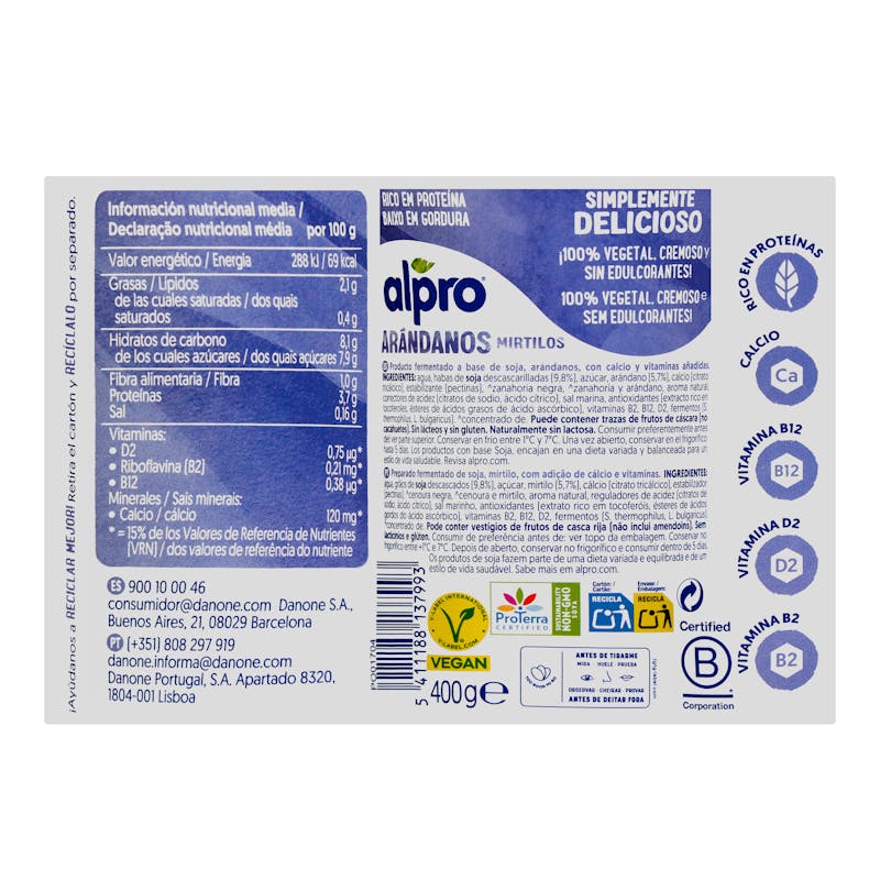 Postre de soja sabor arándanos Alpro — otra vista del envase