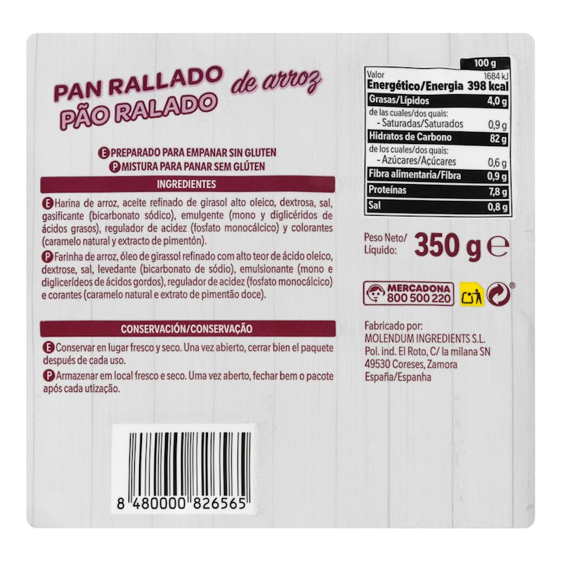 Pan rallado de arroz Hacendado — otra vista del envase