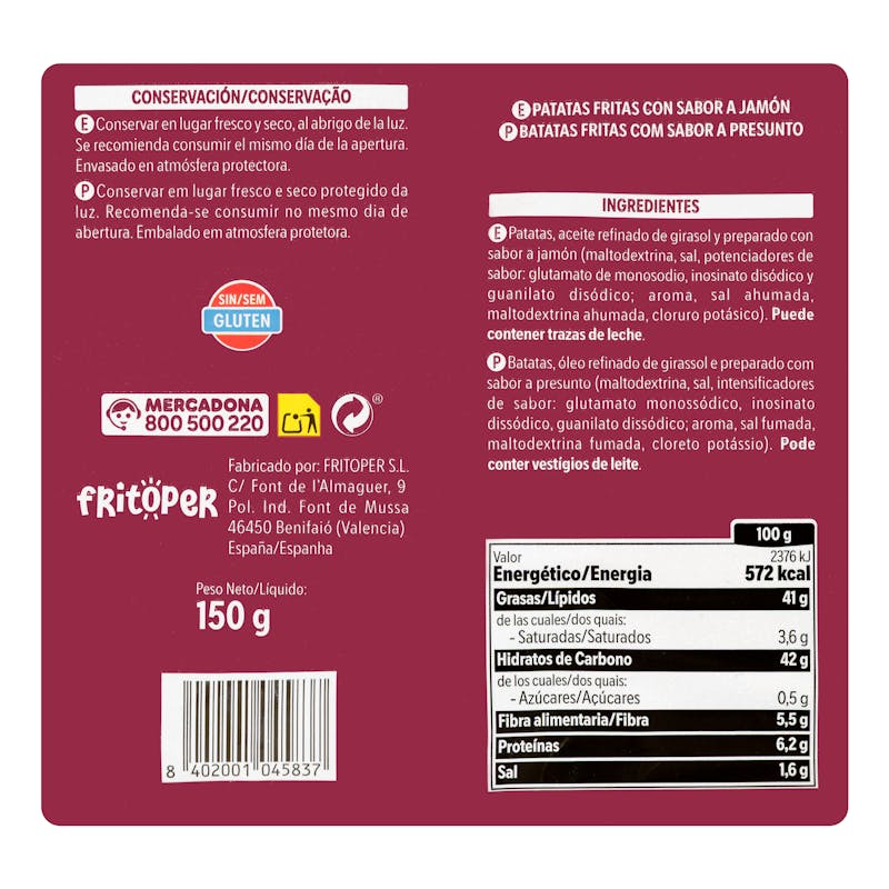 Patatas fritas onduladas sabor jamón serrano Hacendado — otra vista del envase