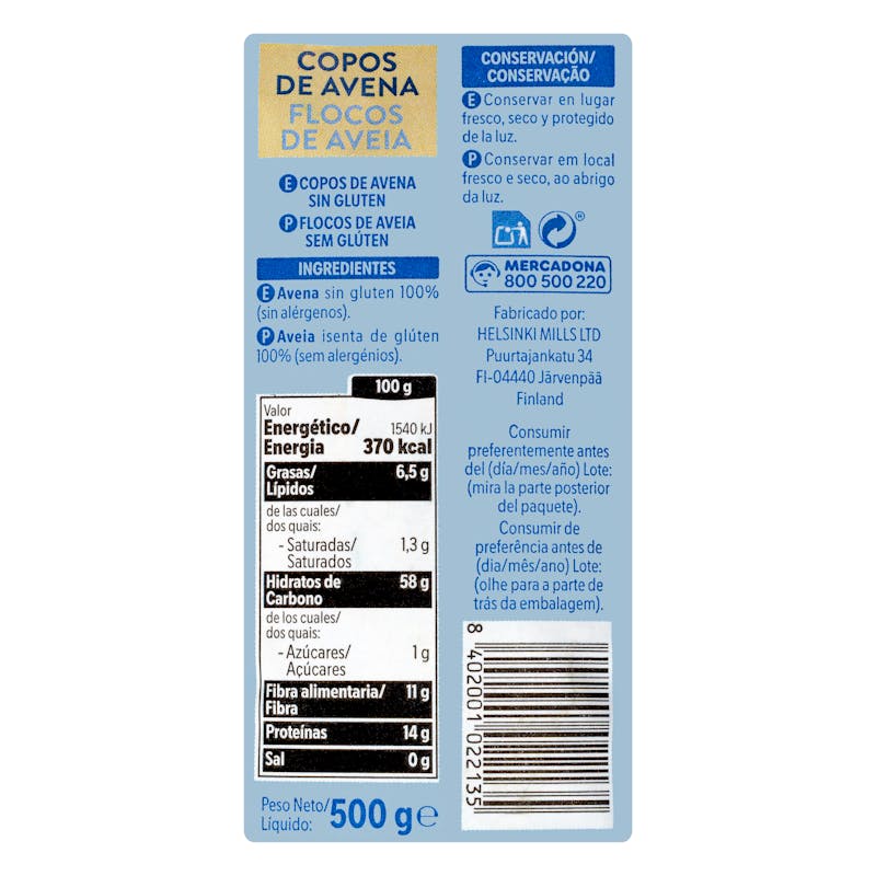 Copos de avena sin gluten Hacendado — otra vista del envase