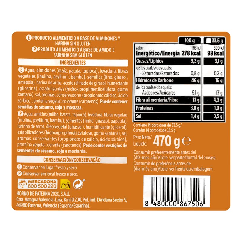 Pan de molde cereales sin gluten Hacendado — otra vista del envase